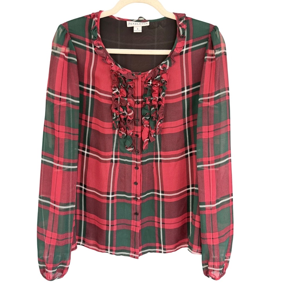 A6 Pendleton Silk Plaid Ruffle Front Long Sleeve Blouse Top Size 8 Red Green‎